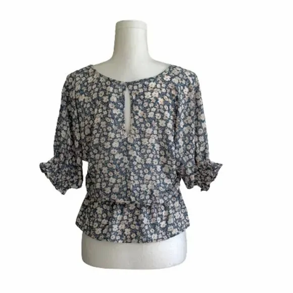 Sienna Sky Top Blouse Short Sleeve Elastic Waist Blue White Floral Top Size XS - Picture 5 of 12
